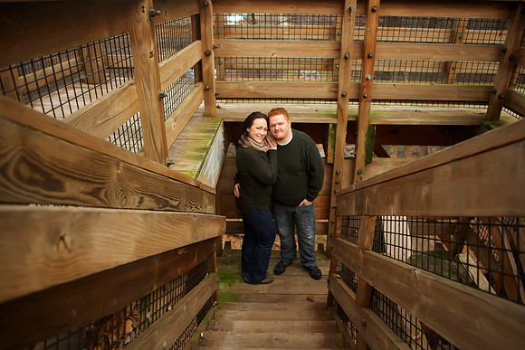 Engagement portrait on wood steps at Bay City State Park